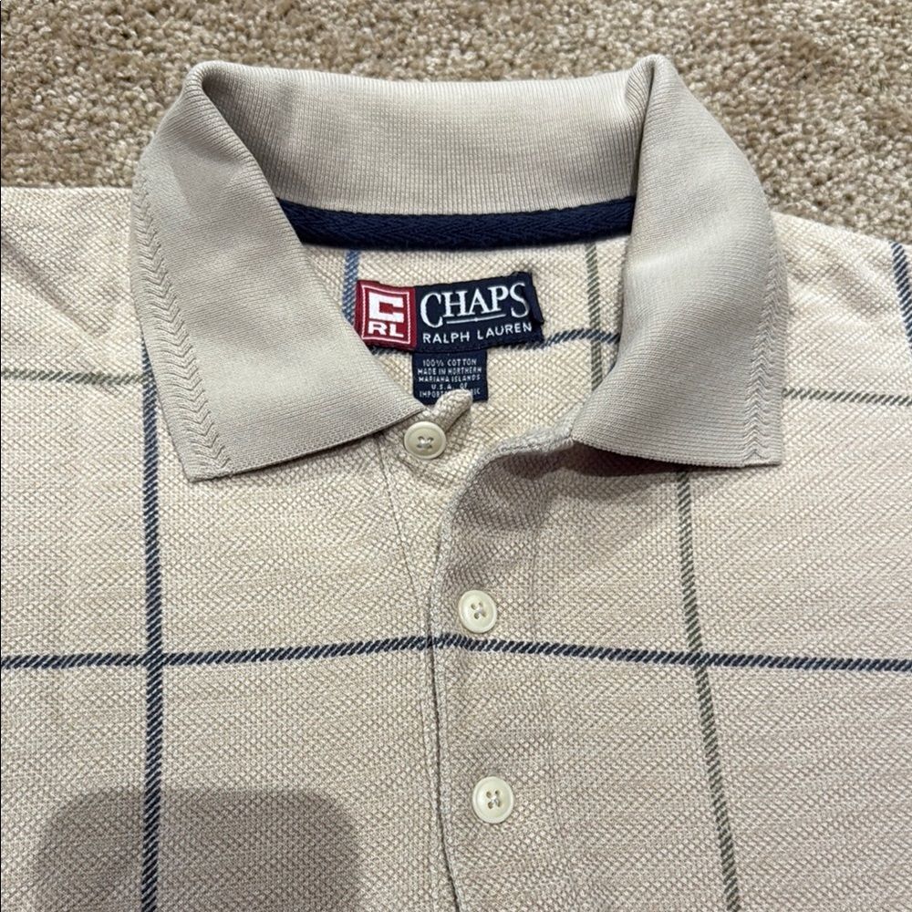 Chaps Cream Polo Shirt with Classic Windowpane Pattern - Picture 2 of 4